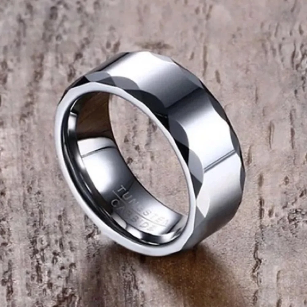 Silver Tungsten Carbide 8mm Faceted Beveled Hammered Edge Band Ring High Shine